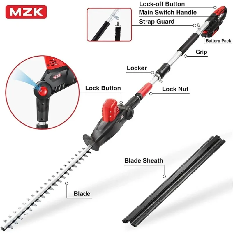 MZK 20V MAX 22.4-inch Cordless Pole Hedge Trimmer Attachment,8-Feet Reach,Electric Hedge Trimmer with Extension Pole,Multi-Angle