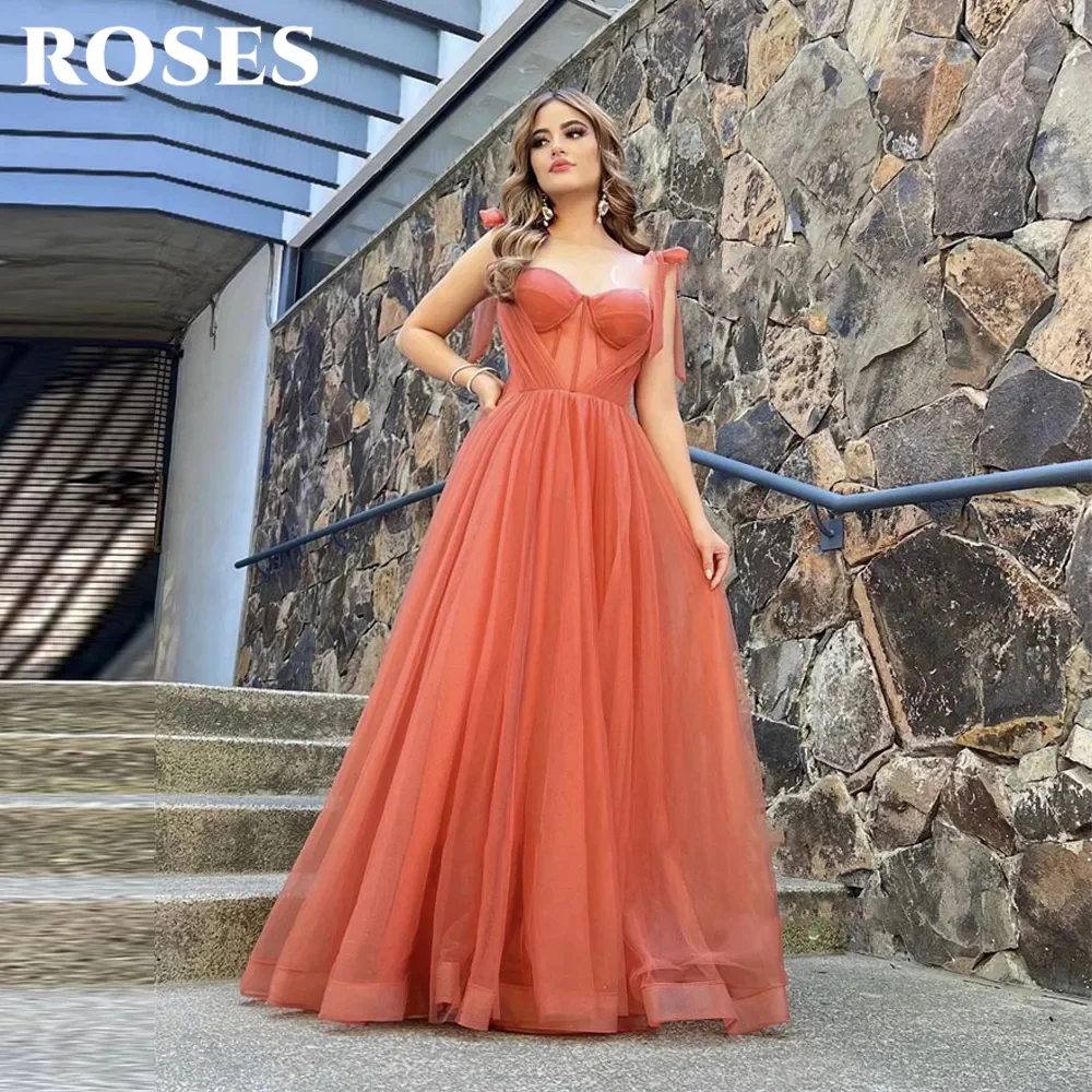 

ROSES Tulle A Line Long Party Dress Spaghetti Strap Sleeveless Vintage Night Dress Sweetheart Celebrity Dress vestidos de fiesta