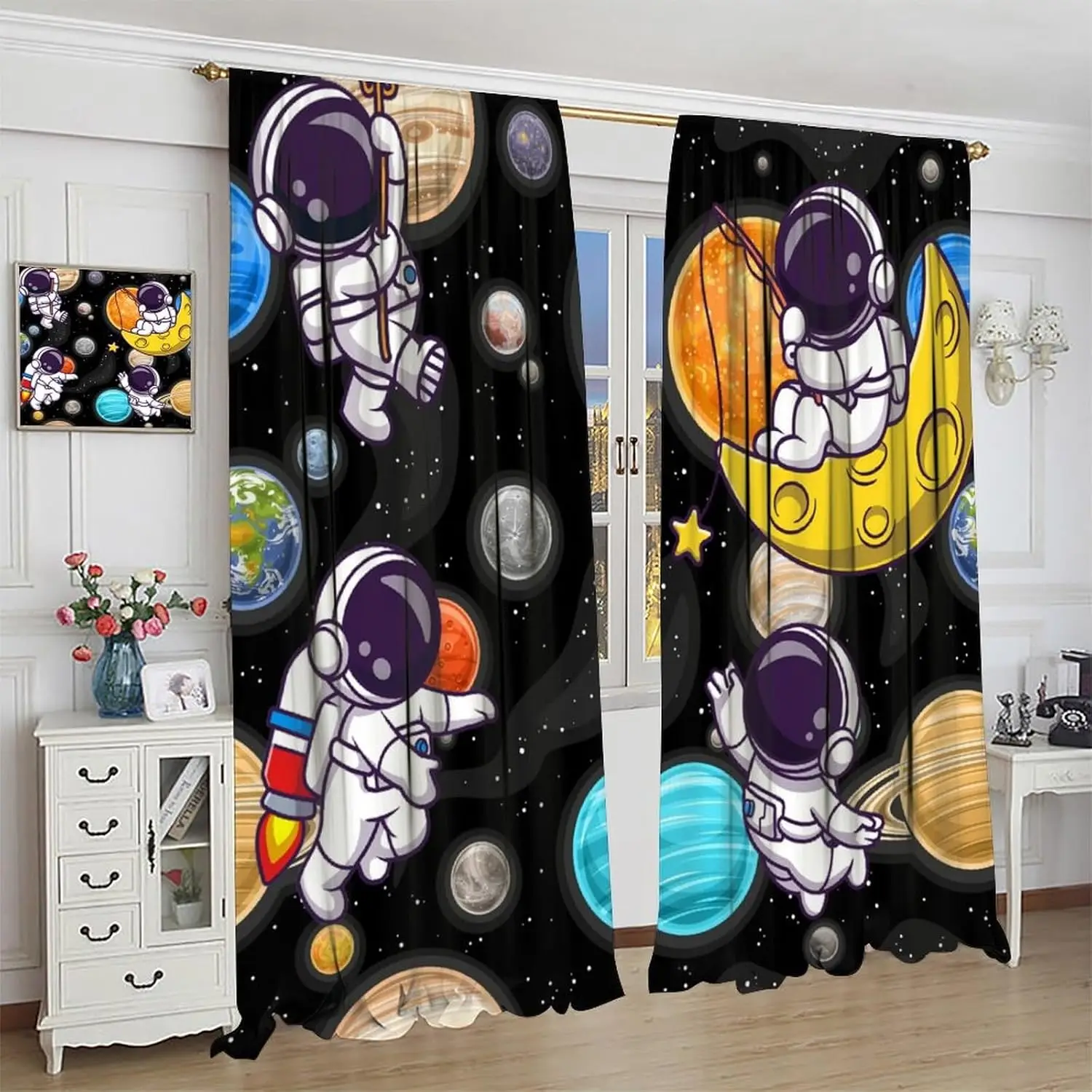 Bohemian Sun Moon Curtains Retro Floral Aesthetic Moon Phase Witchy Gothic Rod Pocket Window Treatment Drapes for Living Room