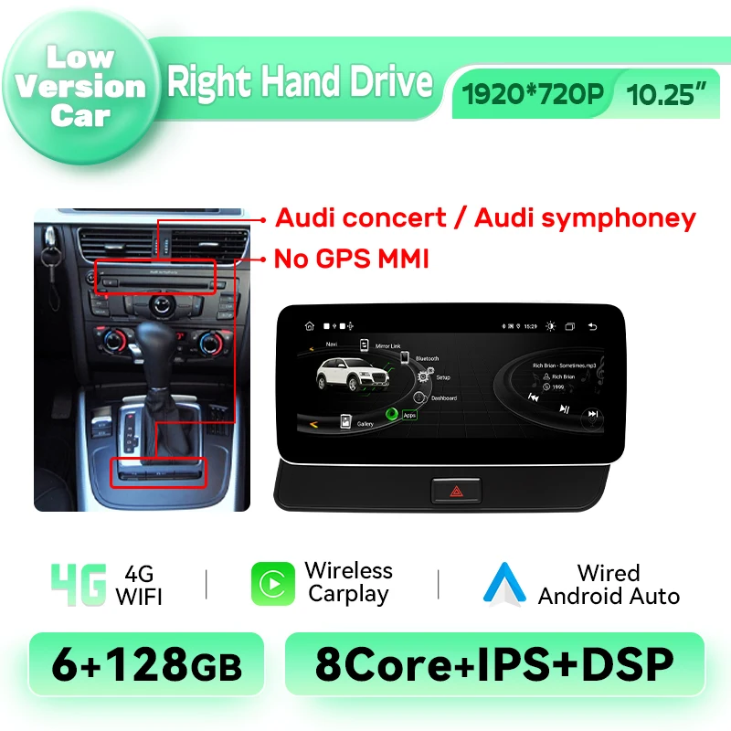 Android 14 Draadloze Carplay Autoradio voor Audi Q5 2009-2016 BT 8GB+128GB GPS 8-Core Navigatie Multimedia 4G WIFI