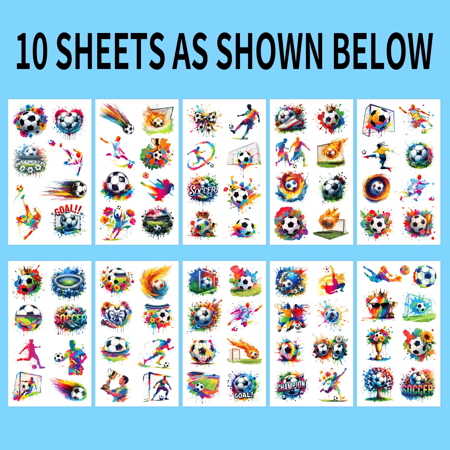 10 feuilles de tatouages temporaires pour sports de football | Faveurs, fournitures et décorations de fête d'anniversaire sur le thème du football super coloré