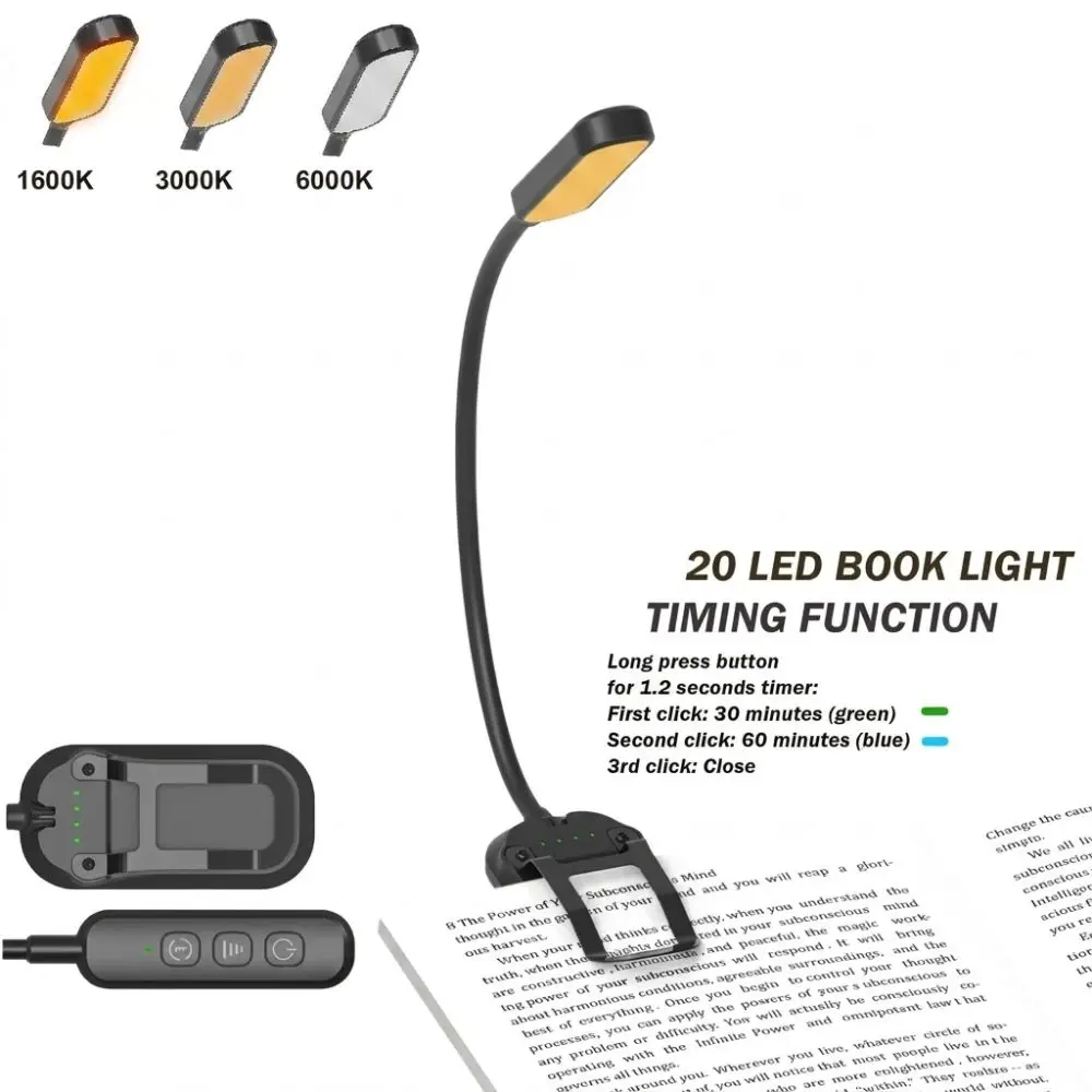 

New 20 LED Clip-On Book Light Rechargeable 5 Brightness LED Reading Light Eye-Caring 3 Colors Mini Book Light Travel