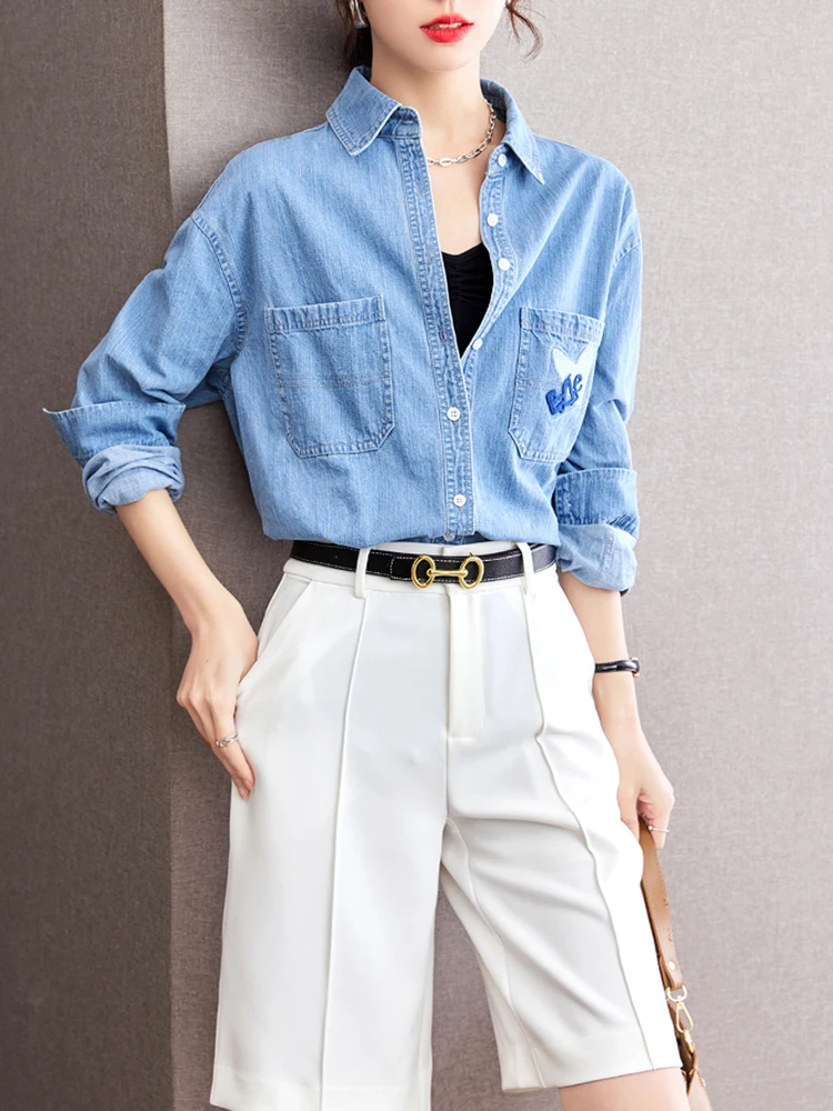 Denim Shirt Women\'s Autumn Winter Long Sleeved Retro Casual Shirt Fashion Design Sense Niche Slimming Tops