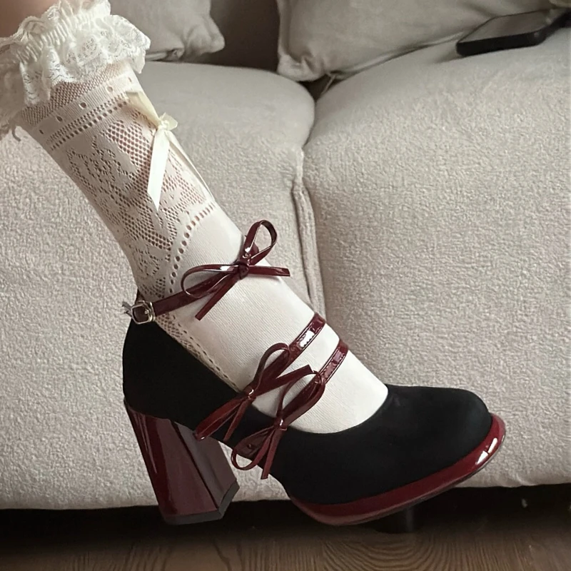 Designer Luxus Frühling Starke Ferse Frauen Mary Jane Schuhe Schmetterling-knoten Schnalle Schuhe Damen Elegante Tanzen Party Pumpen