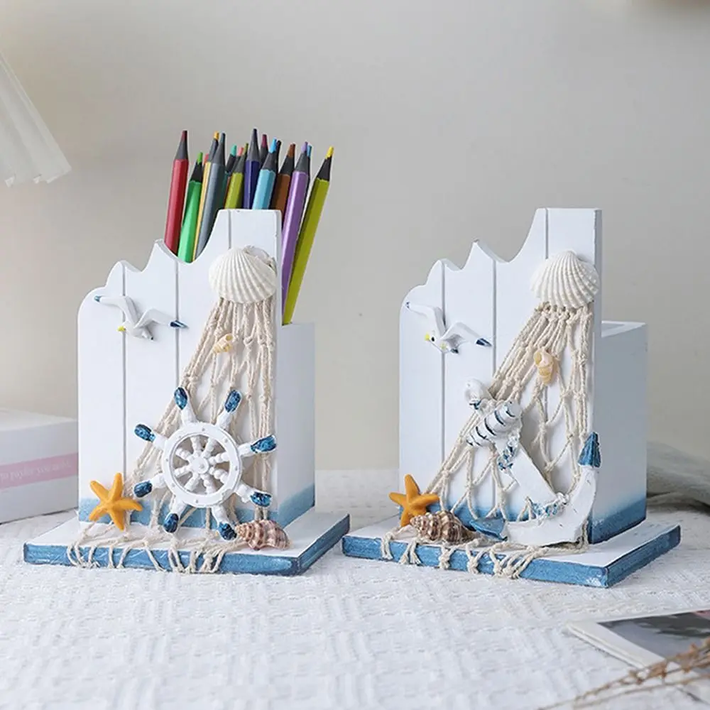 

Mediterranean Style Wooden Pen Holder Large Capacity Ocean Style Pencil Storage Box Handmade Pen Container