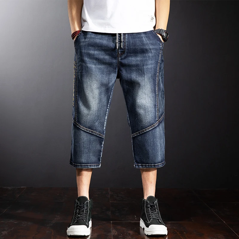 New summer models Tight waist denim cut man Loose elastic cut embroidered denim mid-trousers men Large size 28-44