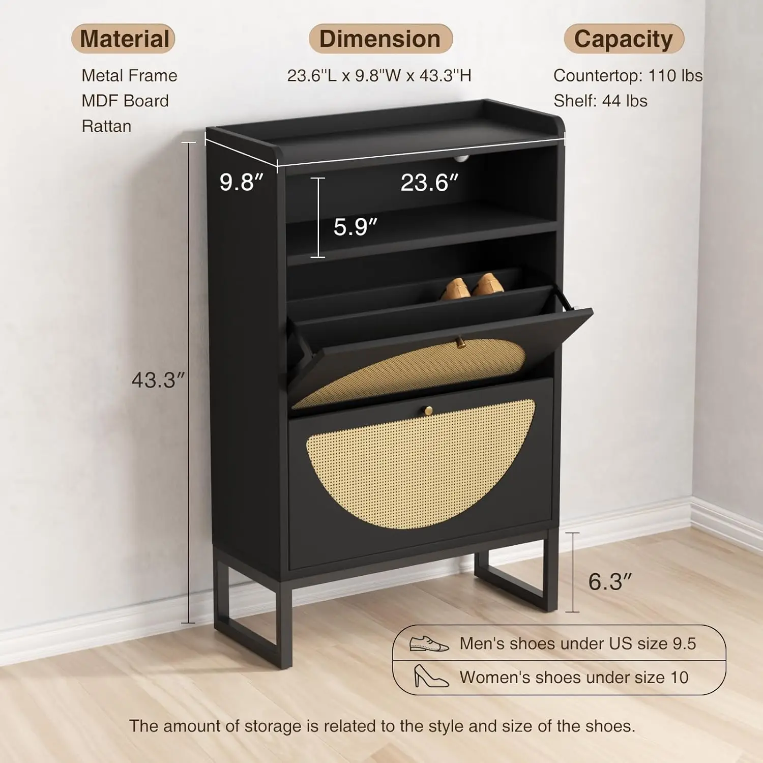 Shoe Storage Cabinet Set of 2, Rattan Shoe Cabinet with 2 Flip Drawers & Sensor Light for Entryway, Narrow Free Standing Shoe Ra