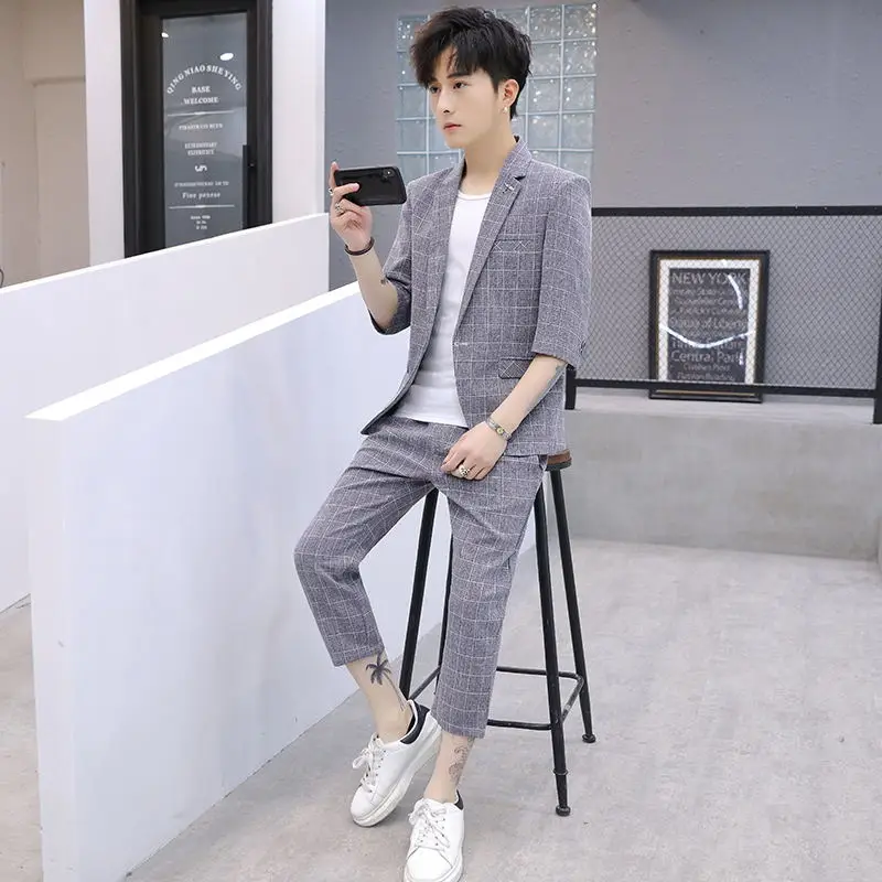 

Slim Fit Summer Men's Plaid Thin Suit Set with T-irt Tee Piece Set Casual Sle Single Button Polyester Blend Faionable