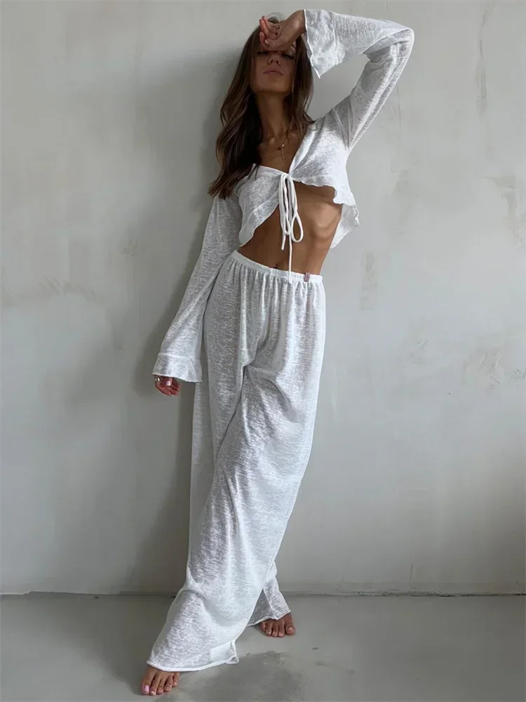 Casual Fashion 2 Piece-Set Trousers For Women V-Neck Lace-Up Long Sleeve Top And High Waist Women\'s Pants Outfits Female