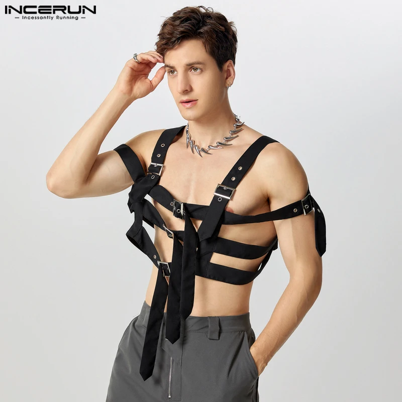 

INCERUN Buckle Loop Design Short Waistcoat Men Solid Color Simple Square Collar Coats American Style Handsome Elegant Vests