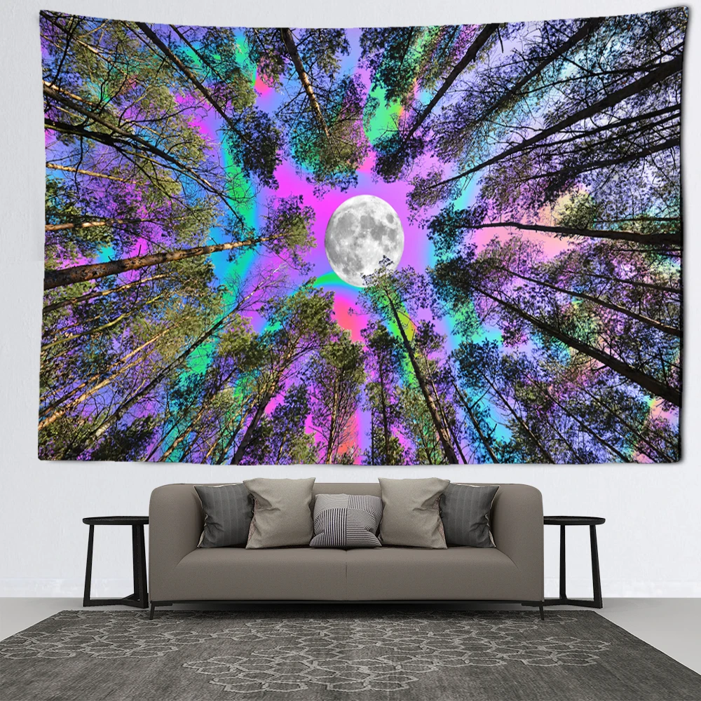 Colorful Moon Forest Tapestry Wall Hanging Abstract Witchcraft Mysterious Night Scene Bedroom Living Room Simple Home Decor