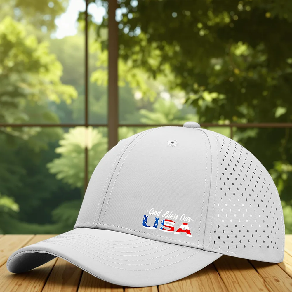 미국 패턴이 있는 6피스 레이저 천공 야구 모자, 자외선 차단 및 방수 통기성 메쉬 스포츠 챙 모자