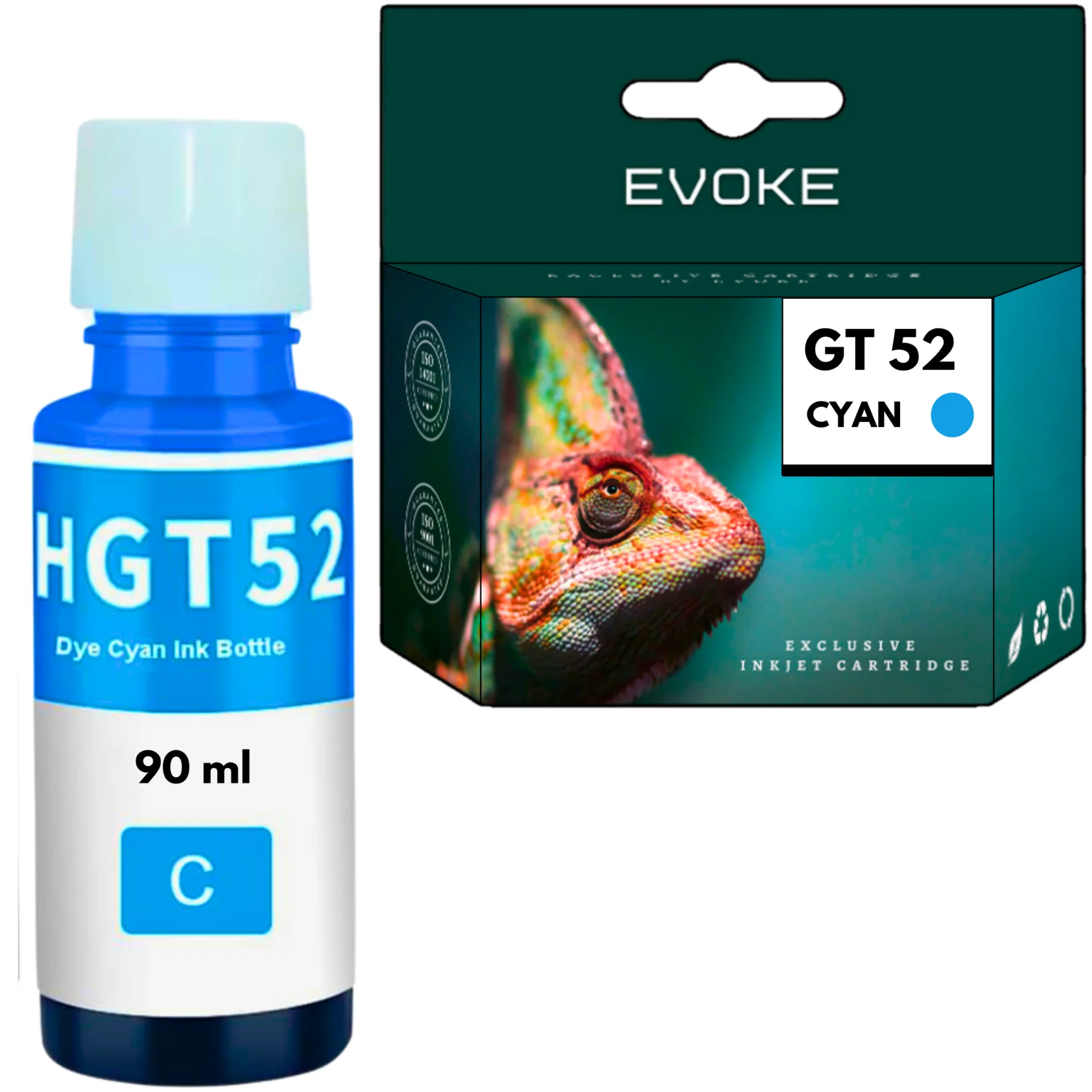 Evoke Compatibele Inkt voor Hp Gt-52 Gt52 Gt52C M0H54Ae Cyaan 90 ml 10280 Stron Ink Tank 315 410 415 416 417 419; Smart Tank 500 510 513 515 518 519 530; Deskjet Gt 5810 5820