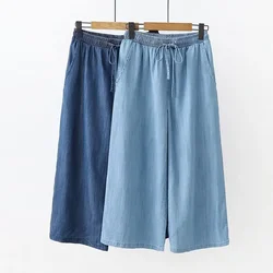 Pantalones de mujer, pantalones de pierna ancha con cordón de verano, pantalones vaqueros azules de algodón hasta la pantorrilla, pantalones rectos con cintura elástica para mamá para mujer