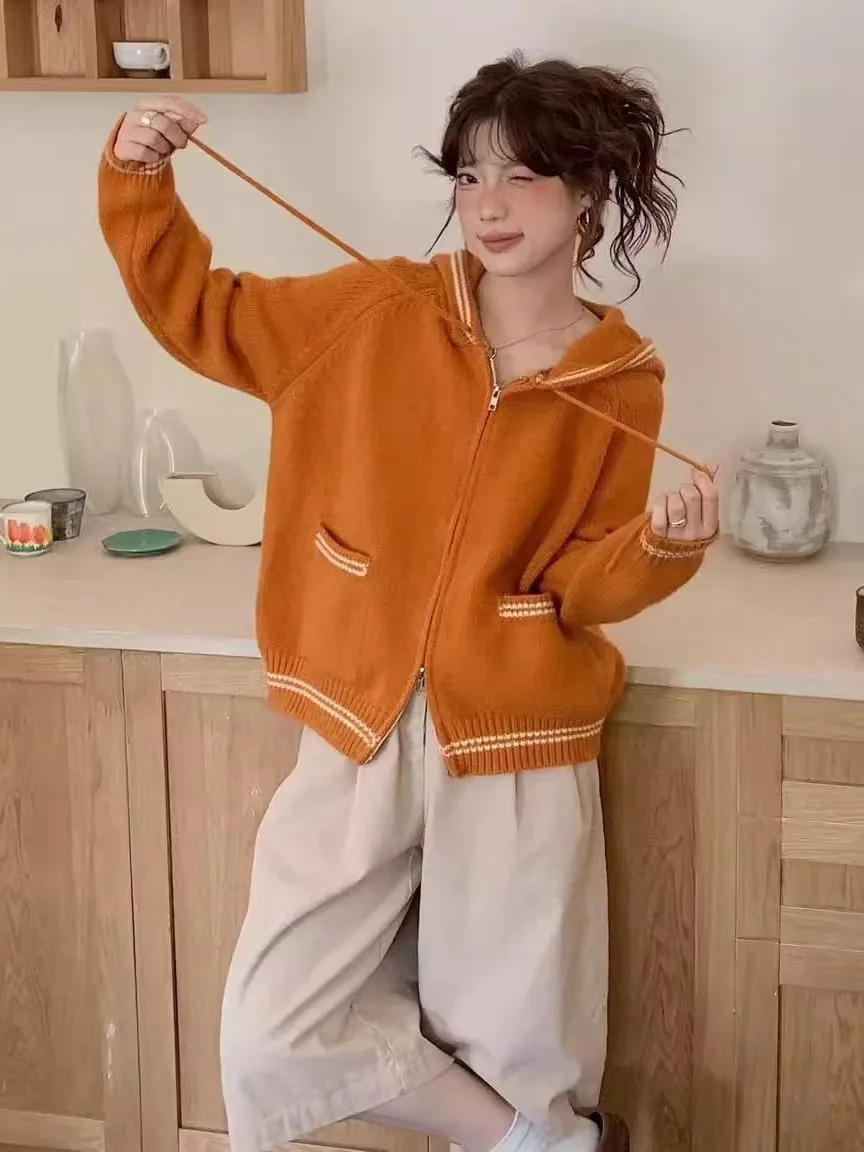 

Шикарный вязаный кардиган-свитер оранжевого цвета для женщин, осенне-зимний, модный, в корейском стиле, с цветовыми блоками, утепленный, с капюшоном