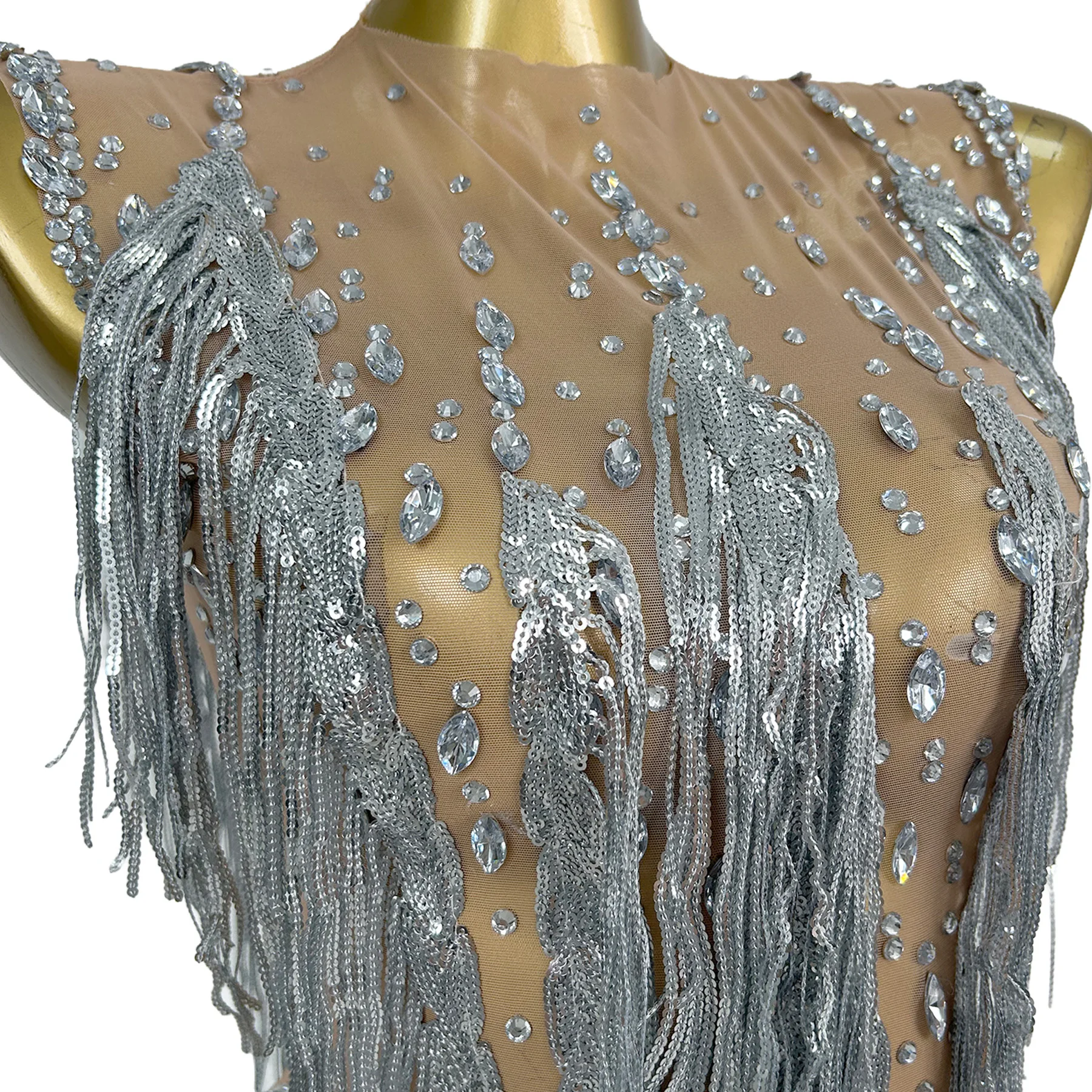 

Pubu Silver Sequin Fringe Sheer Mesh Bodysuit with Long Tassels for Drag Queen Nightclub Parties and Themed Performance Events