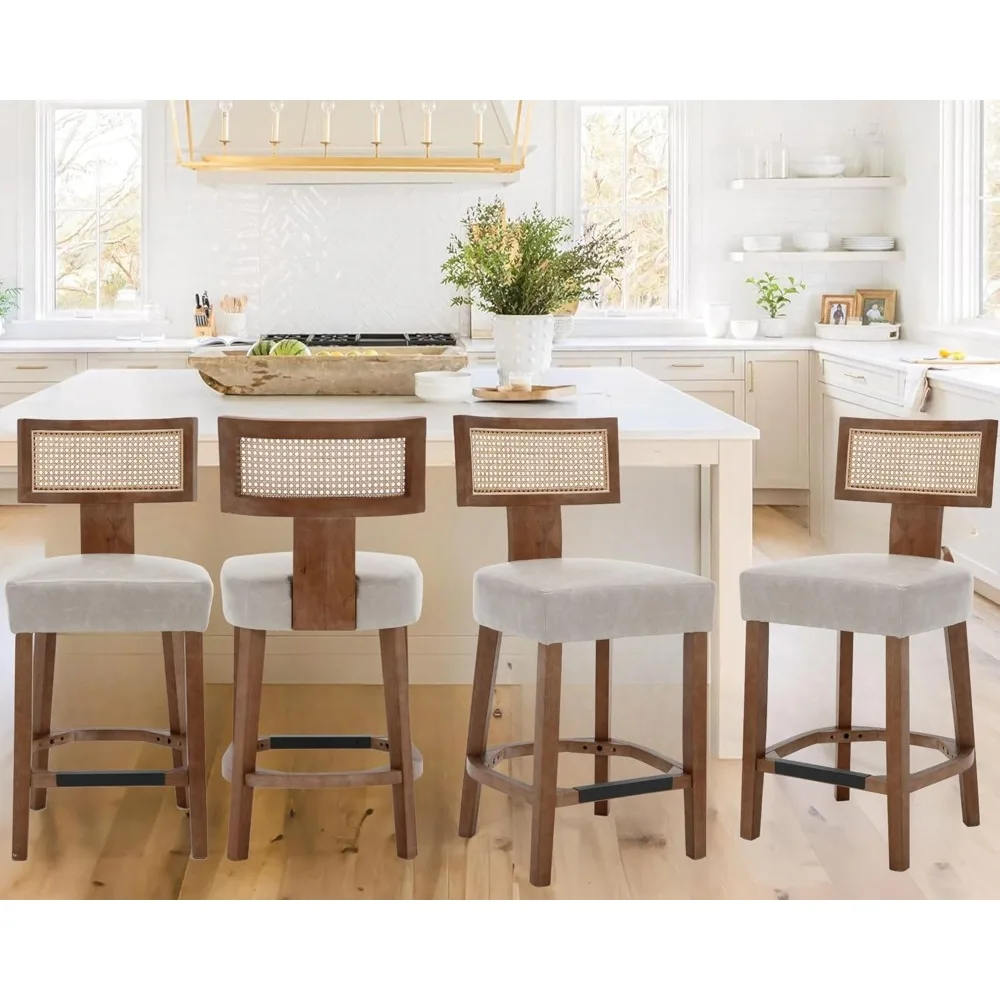 

26’’ Rattan Barstools with Back Counter Height Bar Stools Set of 4 Beige PU Leather Modern Kitchen Counter Stools Upholstered