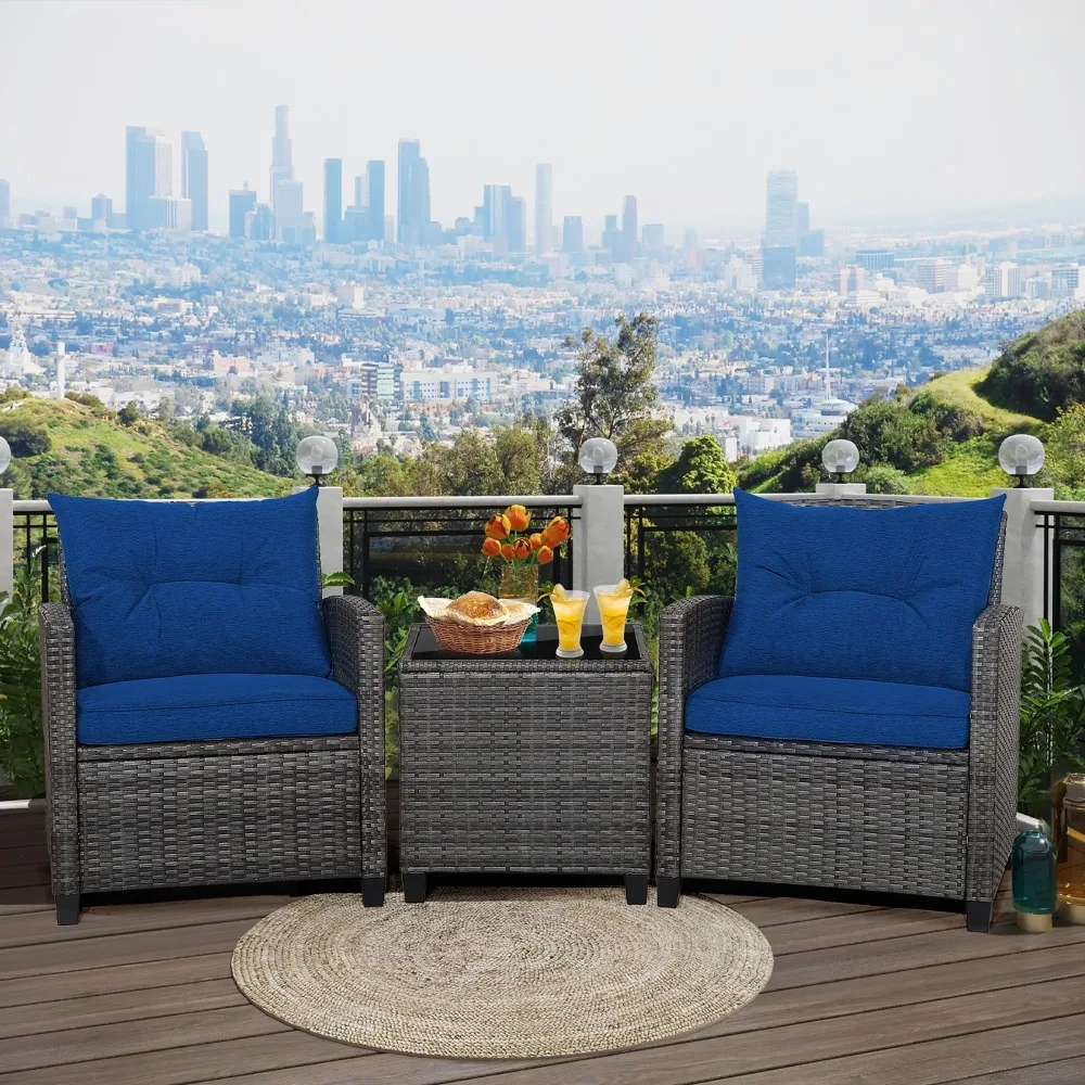 

3-Piece Navy Rattan Patio Set – 2 Ergo Sofas (400lb Each) + Glass Side Table, Outdoor PE Wicker, Easy Assembly