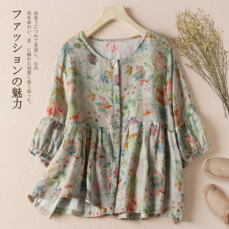 Summer Korean Style Maternity Cotton Linen Shirts Button Fly Half Sleeve O-Neck Pregnant Woman Floral Blouses Pregnancy Clothes