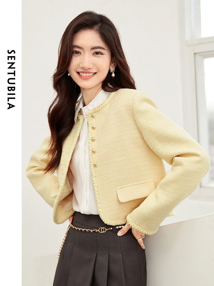 

SENTUBILA Yellow Cropped Tweed Jacket Women 2025 Spring Female Outerwear Ladies Elegant Single Breasted Short Coats 141W52222