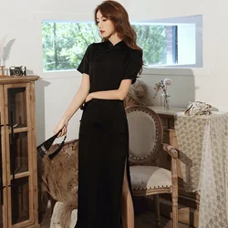 Cheongsam Female Slim Long Black Side Eight-button Three-point Sleeve Fashion Improved Dress  Qipao Sexy  Cheongsam Modern