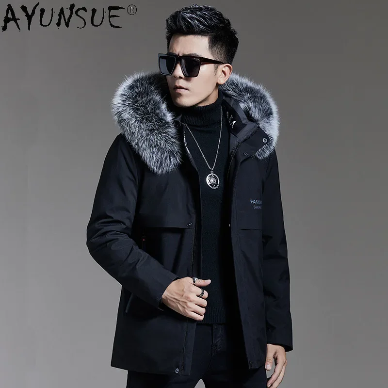 

AYUNSUE Men's Jackets Winter 2021 Hooded Fox Fur Collar Coat Men 100% Real Rabbit Fur Liner Jacket Male Casaco Masculino Gxy255