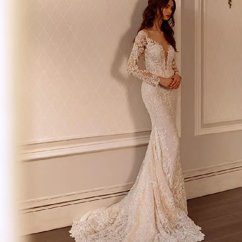

2025 Sweetheart Exquisite Long Sleeves Mermaid Wedding Dress Lace Appliques Bridal Gown Vestidos de Novia Customized