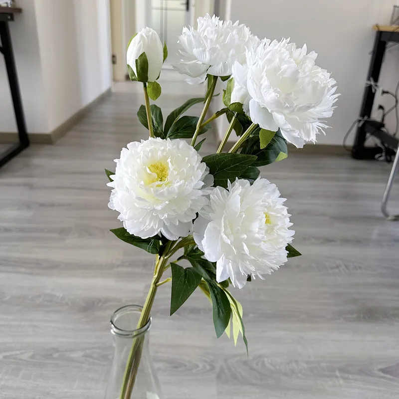 New good-looking Artificial 3 heads peony Flowers Silk long branch Fake flower for fall winter home wedding decoration Christmas