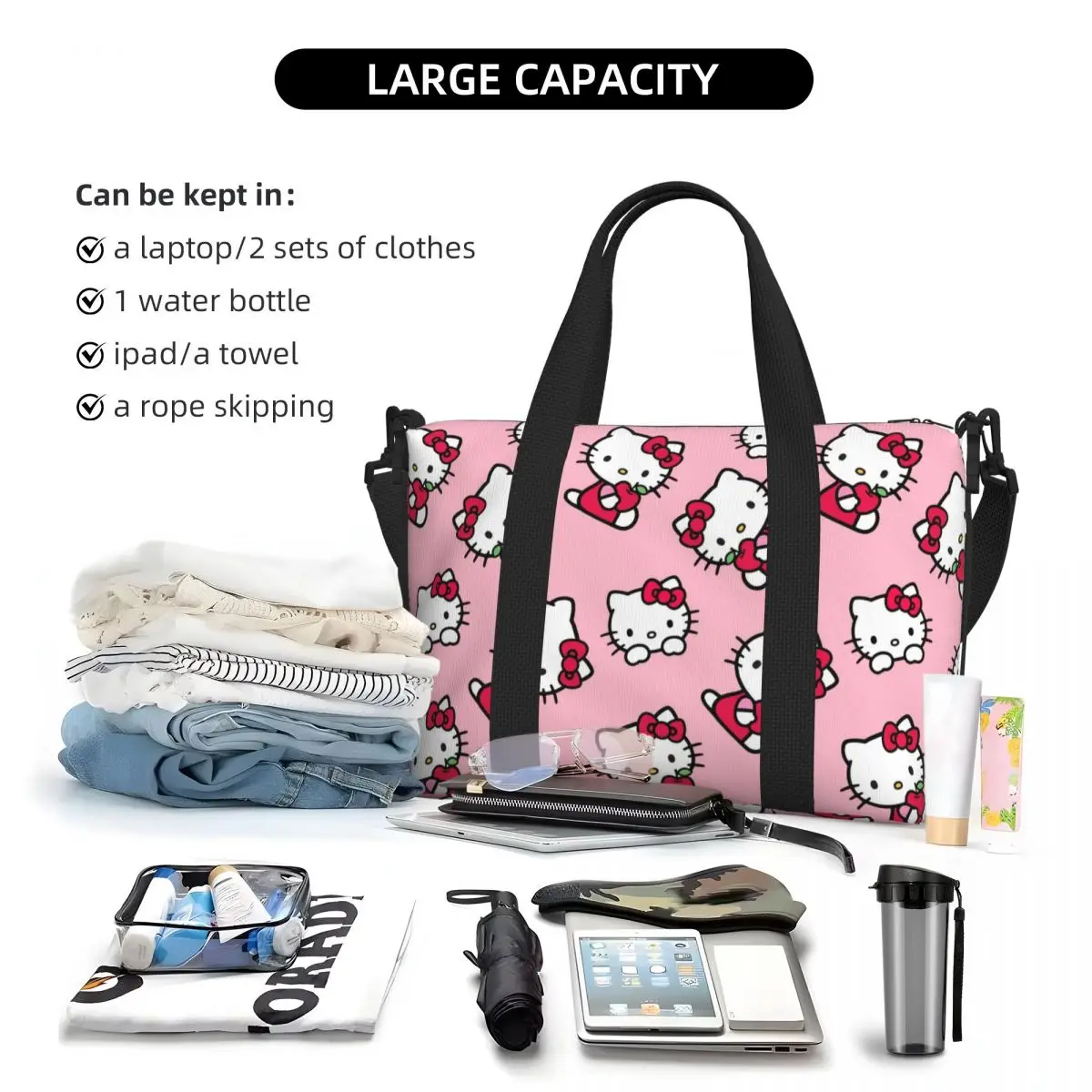 Sacola padrão Hello Kitty personalizada para mulheres, grande capacidade, praia, ginásio, sacos de viagem