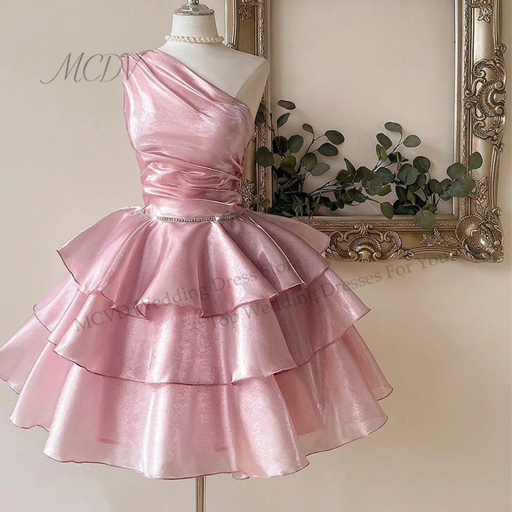 pink graduation dress short One-Shoulder A-Line Mini short light pink dress