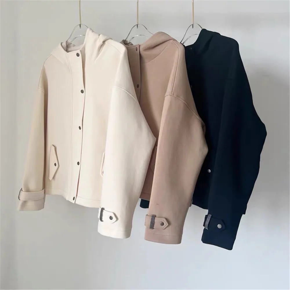 Female Short Hooded Jacket  Casual Heavy Beading, Long Sleeve Coat Early Spring