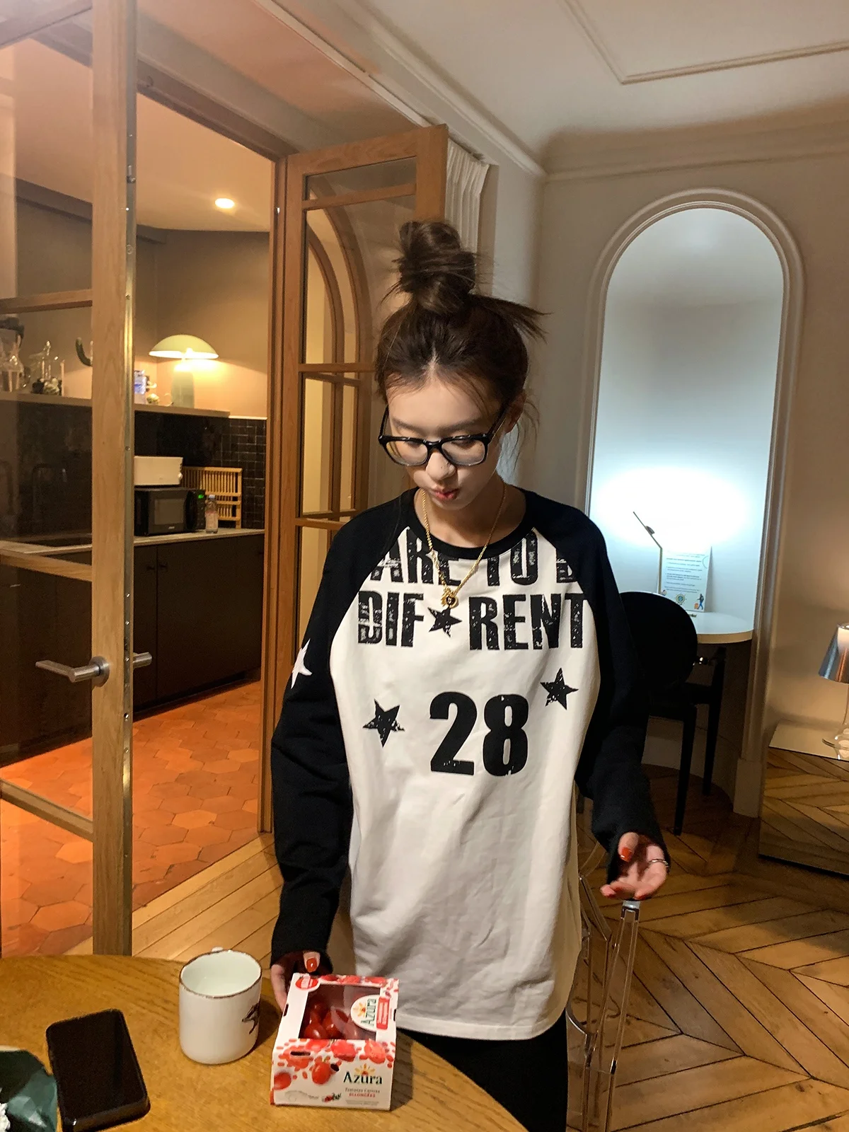 

American Sle Long Sve oulder Insert T-irt Women's Autumn Winter New round Ne Cotton Polyester Blend Print Top