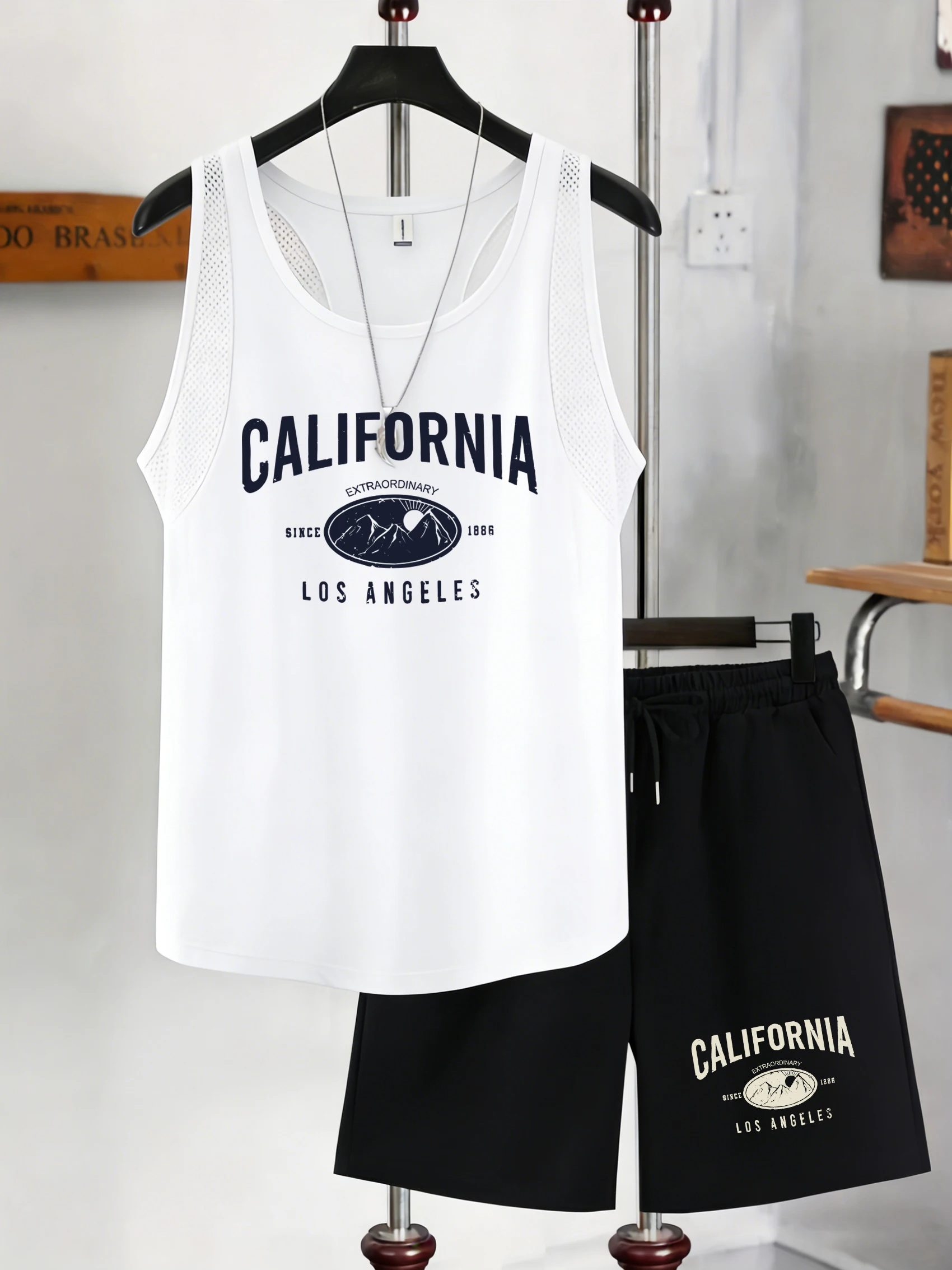 

California Extraordinary Since 1886 Design Male Reticular Vest Set Soft Comfortable Shorts Summer Men Vacation Sleeveless Tee