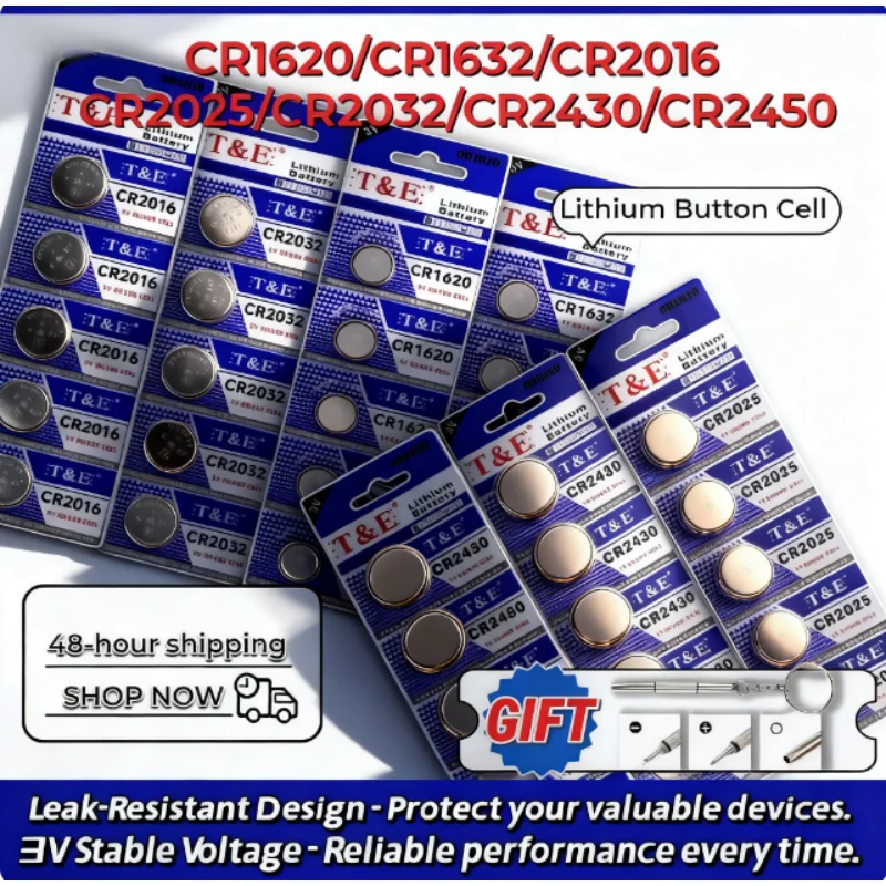 

5PCS CR1620 CR1632 CR2016 CR2025 CR2032 CR2430 CR2450 Button Cell Lithium Batteries, Widely Used for Watch Car Key Fob