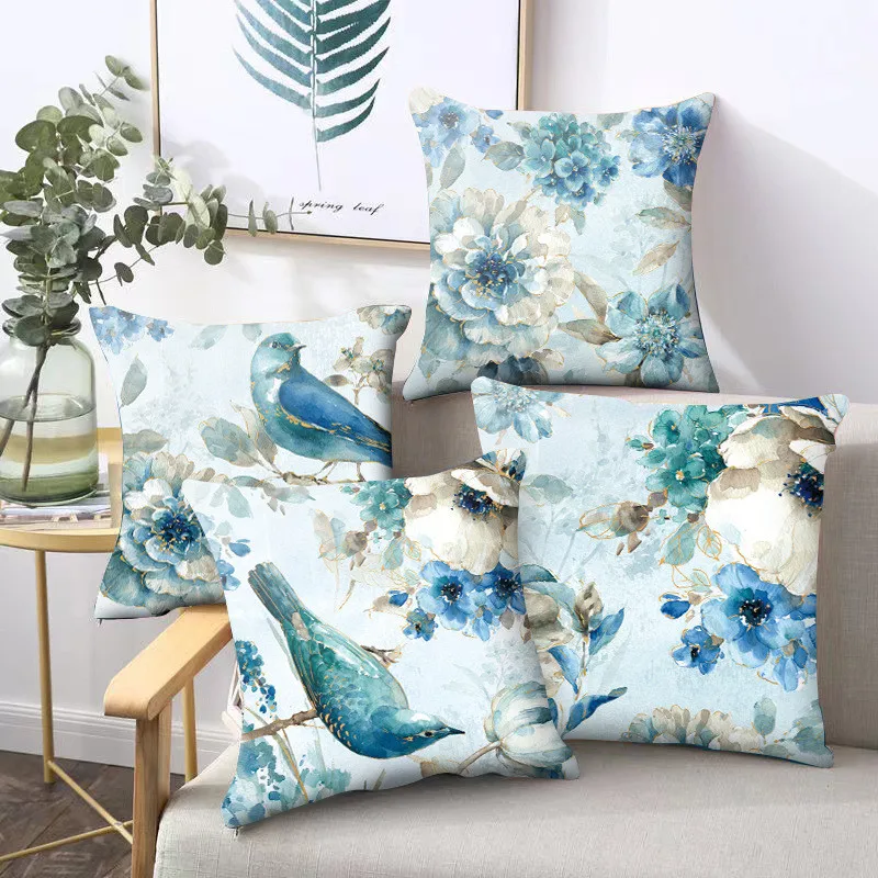 Blue flower and bird printed polyester square cushion cover for home living room sofa office decoration pillowcase 45x45cm