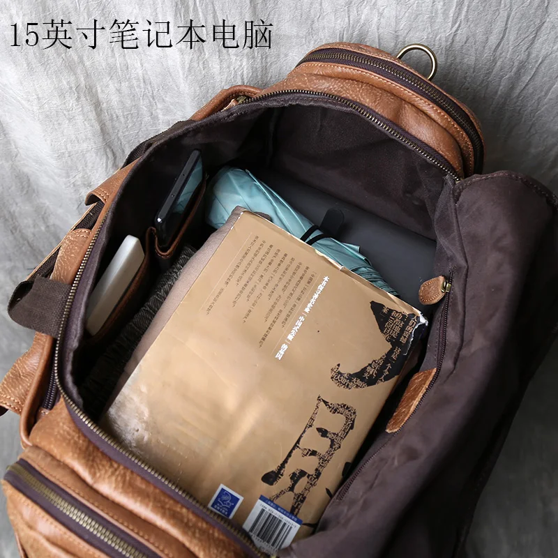 Vintage Large Capacity Men\'s Top Layer Cowhide Travel Bag Genuine Leather Crossbody Bag Hand-Held Short Distance Luggage Bag