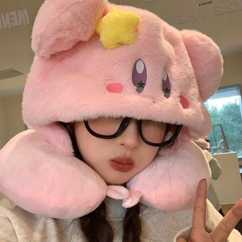 Kirby Kopfstütze Anime Cartoon Druck Kawaii Kapuzen-U-förmiges Kissen Büro-Nickerchen-Accessoire Reisekissen für Mädchen