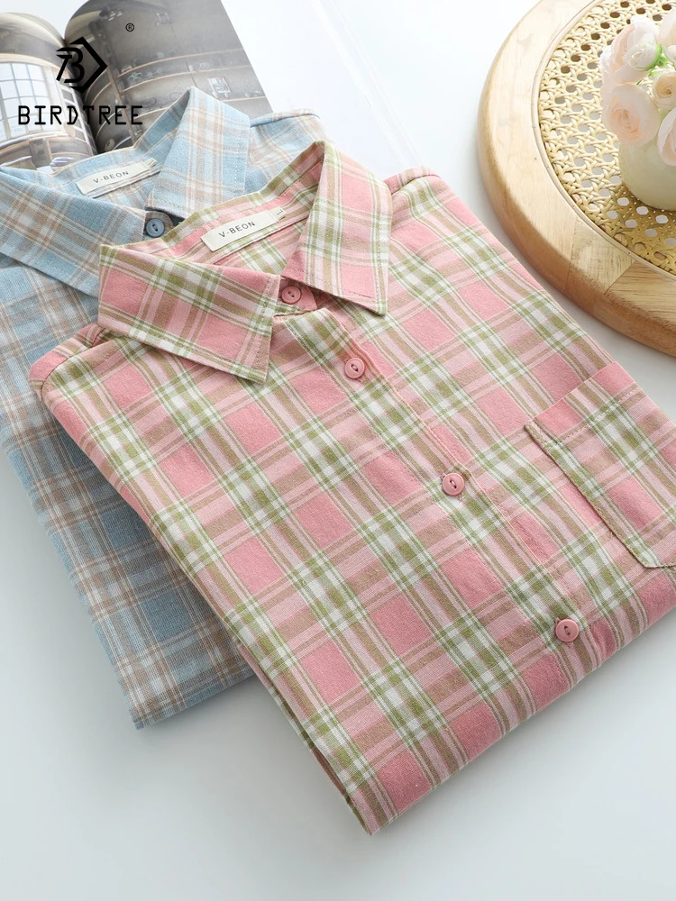 

Новая женская хлопковая рубашка с длинным рукавом на весну 2026 года, с отложным воротником, в клетку, в стиле Mori Girl, модная повседневная тонкая свободная блузка T63854CC