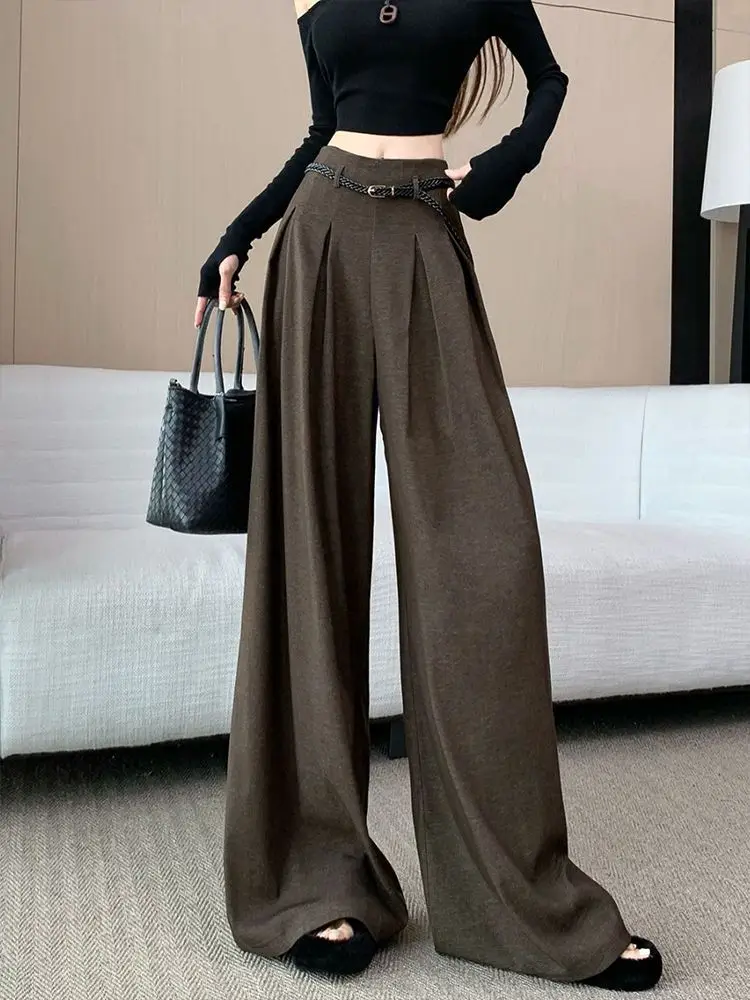 

Retro and versatile high waisted pleated casual pants women's early autumn new temperament loose hanging wide leg pants