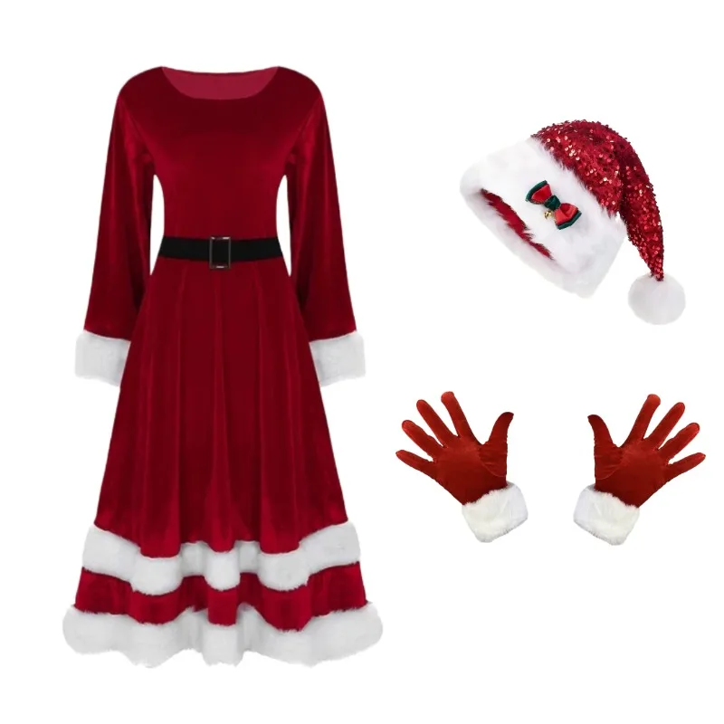 

Women Christmas Velvet Dress Santa Claus Cosplay Costume Long Sleeve Dresses with Gloves Hat Belt Suit for Xmas Party Outfit