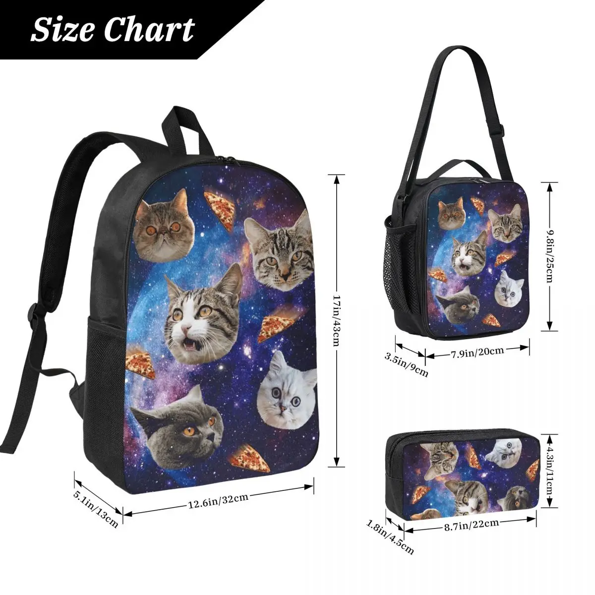 Space Cat Heads Backpack Student Boys Girls BookBag School Bag Laptop Shoulder Bags 3ps Insulated Lunch Bag Pencil Case