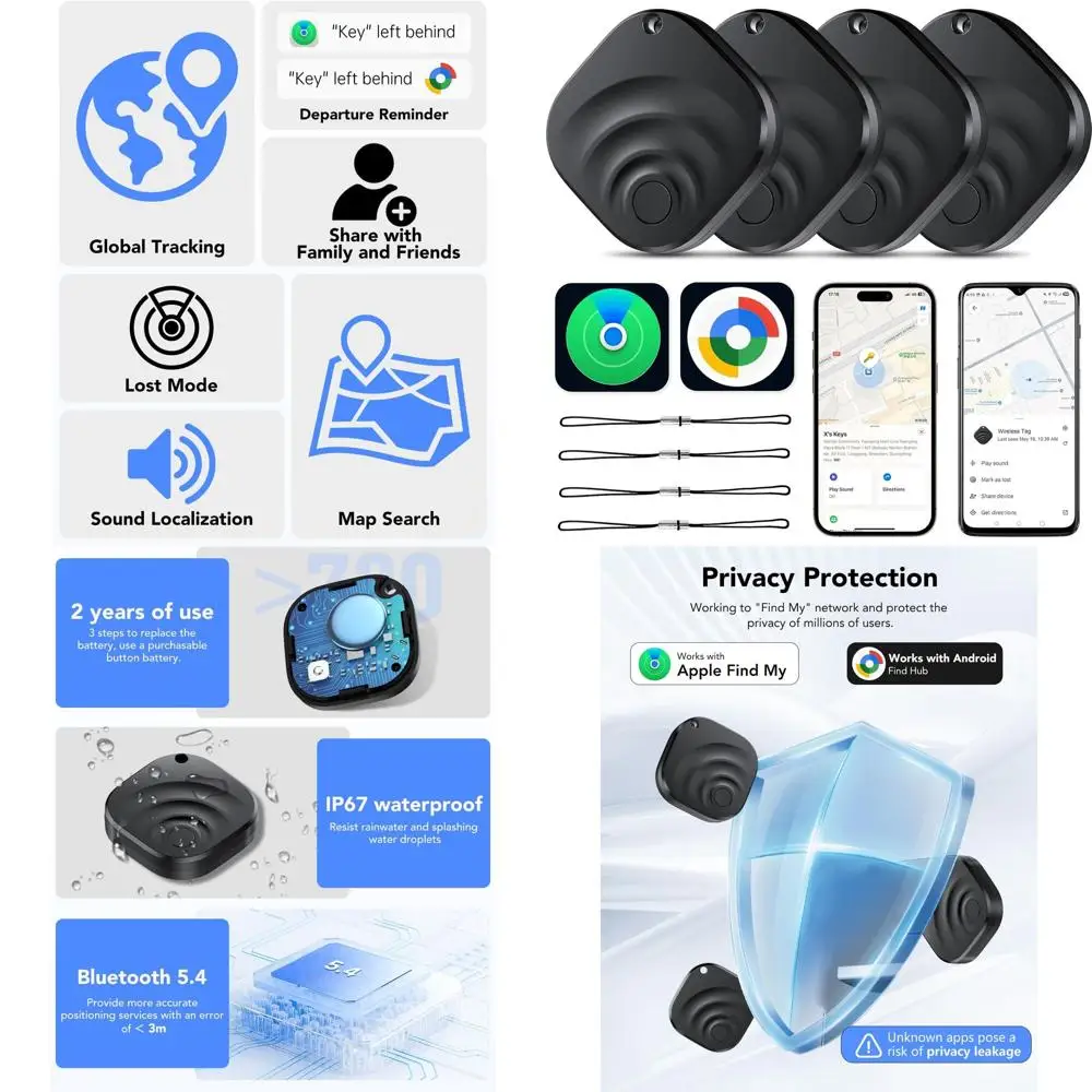2026 Pacote com 4 Localizadores Bluetooth Inteligentes para Chaves, Carteiras, Veículos - Compatível com Dispositivos iOS e Android