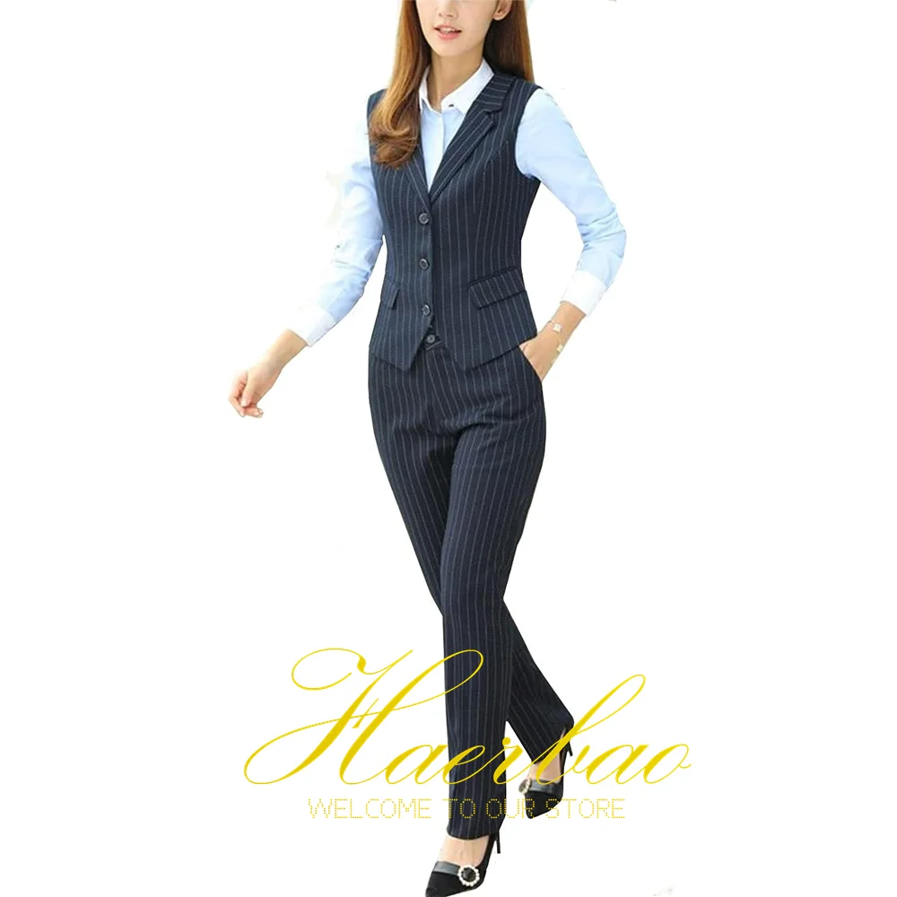 Women\'s Pinstripe 3 Button Suit Vest V-Neck Business Dress Waistcoat +Pants