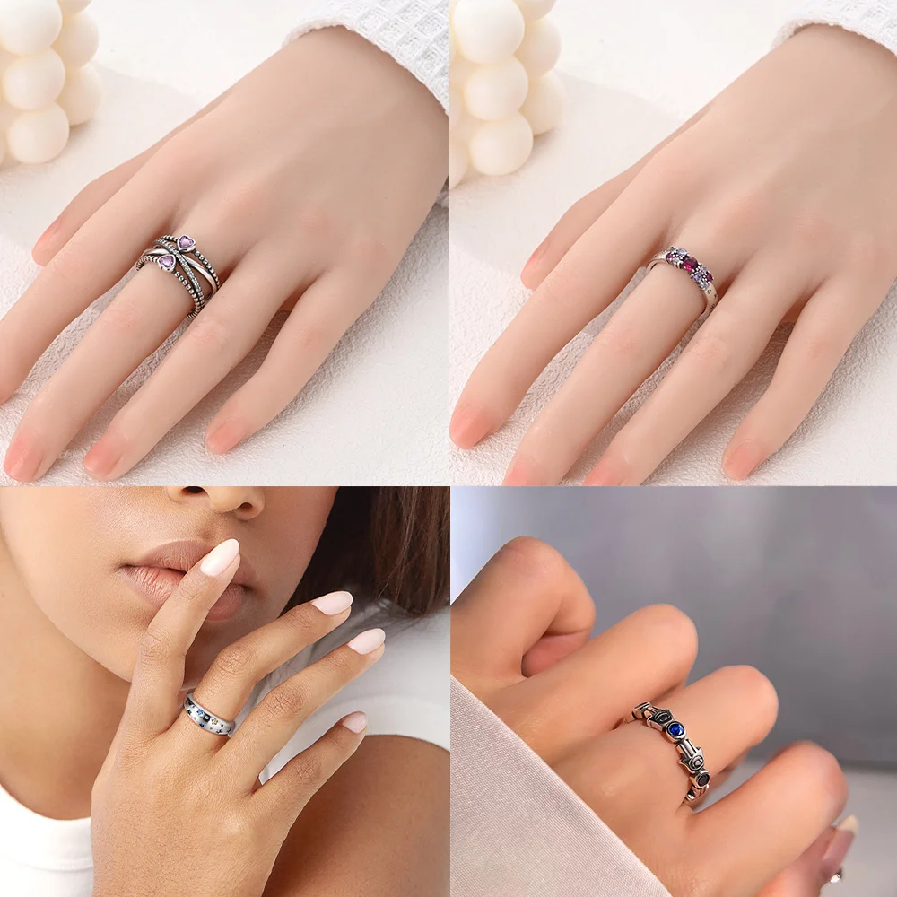 Women 925 Sterling Silver Geometric Heart Star Eyes Palm Colorful Stripes Rings Jewelry Anniversary Birthday Fashion Gifts