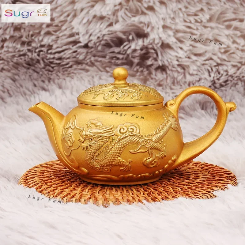 

Чайник с тиснением дракона и феникса, чайный сервиз для домашнего офиса, гостяного журнального столика, украшение для рабочего стола, креативное украшение из чистой латуни, поделки
