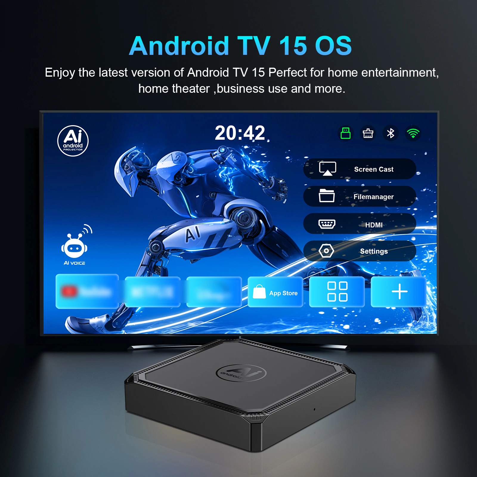 Velec Smart AI Smart TV Box 8+128GB 8K Video Android 15 Home Entertainment Media Player لـ NETFLIX Youtube مع جهاز تحكم عن بعد صوتي