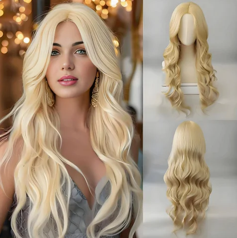 Women Light Blonde Middle Part Long Wavy Wig, Voluminous Big Wave Heat Resistant Synthetic Full Wig for Halloween Party