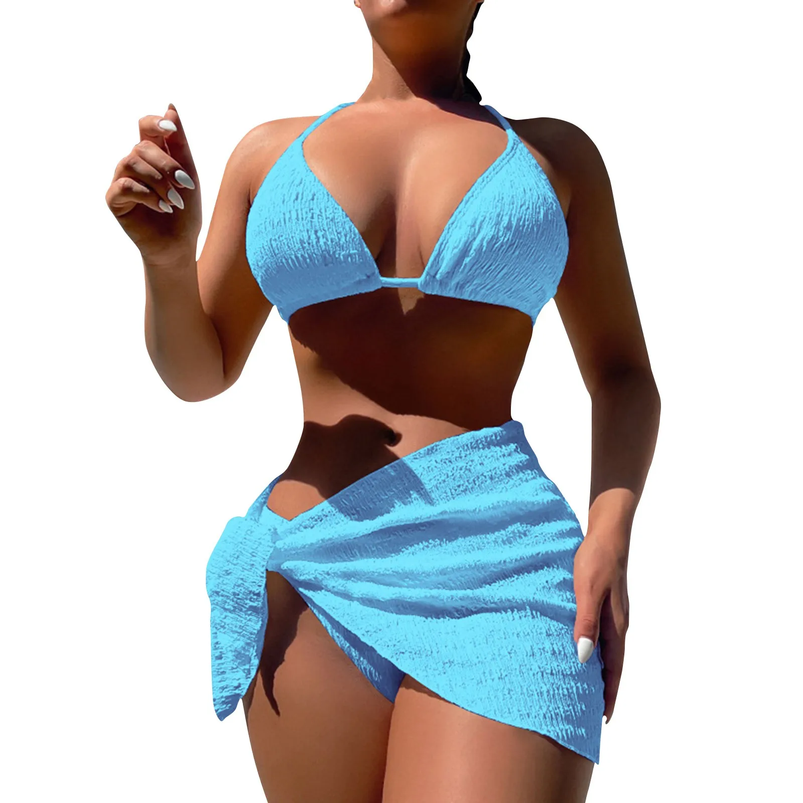 Spicy Girl Style Bikini Three Piece Set Crowd Holiday Sexy Solid Color Lace Up Skirt Cover Belly Swimwear For Women Beachwear