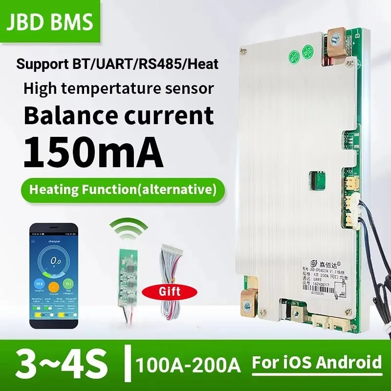 For JBD SP04S034 Smart BMS 3S 4S 12V LiFePO4 100A 120A 150A 200A Bluetooth UART Temperature Heating Function Board view 2
