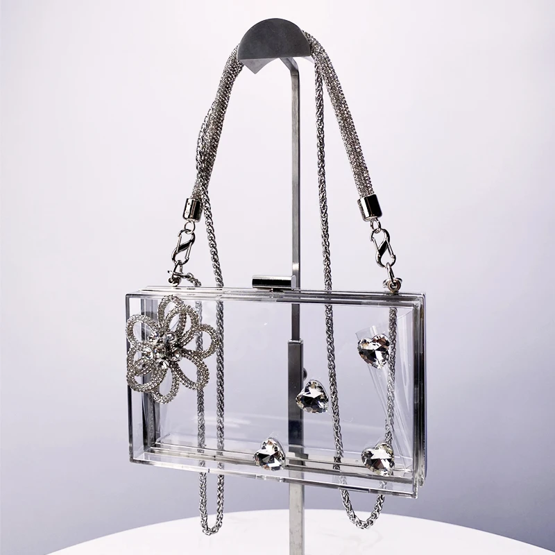 Transparent Evening Bags For Womens Luxury Designer Handbags Purses 2024 New In Metal Frame Mosaic Shining Diamond Mini Shoulder